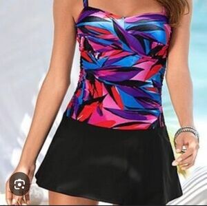 Vensus Tropical Print One Piece Swimsuit With Black Skirt. Size 14